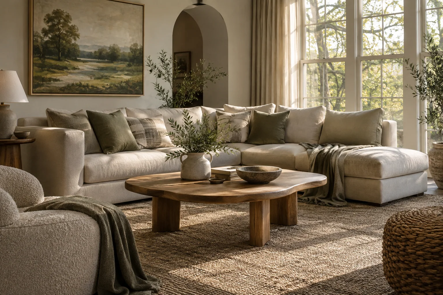 Illustrative neutral living room with sage textiles